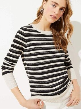 LOFT Black & Cream Striped  shimmer sparkle Scoopneck Sweater